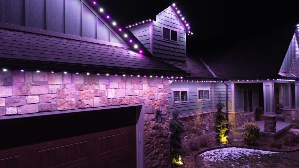TruLight manufacturer example: Bird's eye view of home with permanent LED lighting