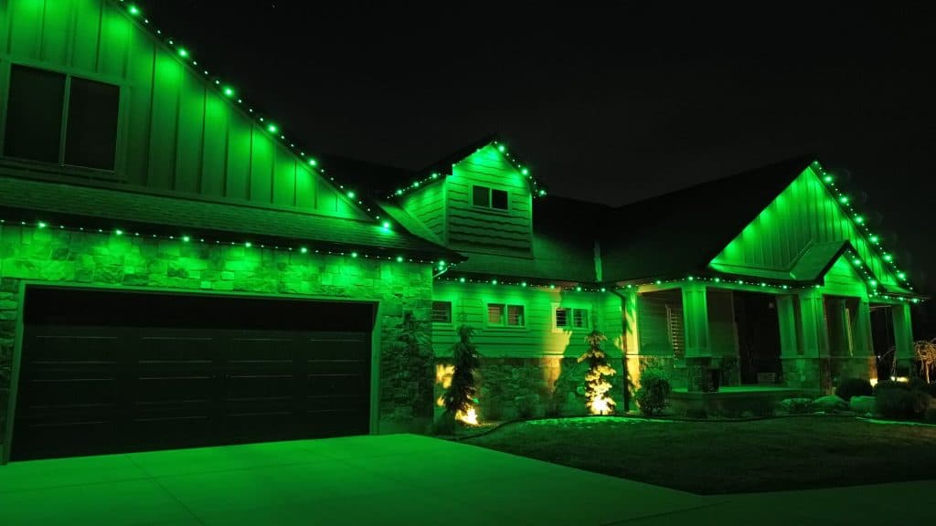 TruLight manufacturer example: Overhead drone view of permanent LED roofline lighting