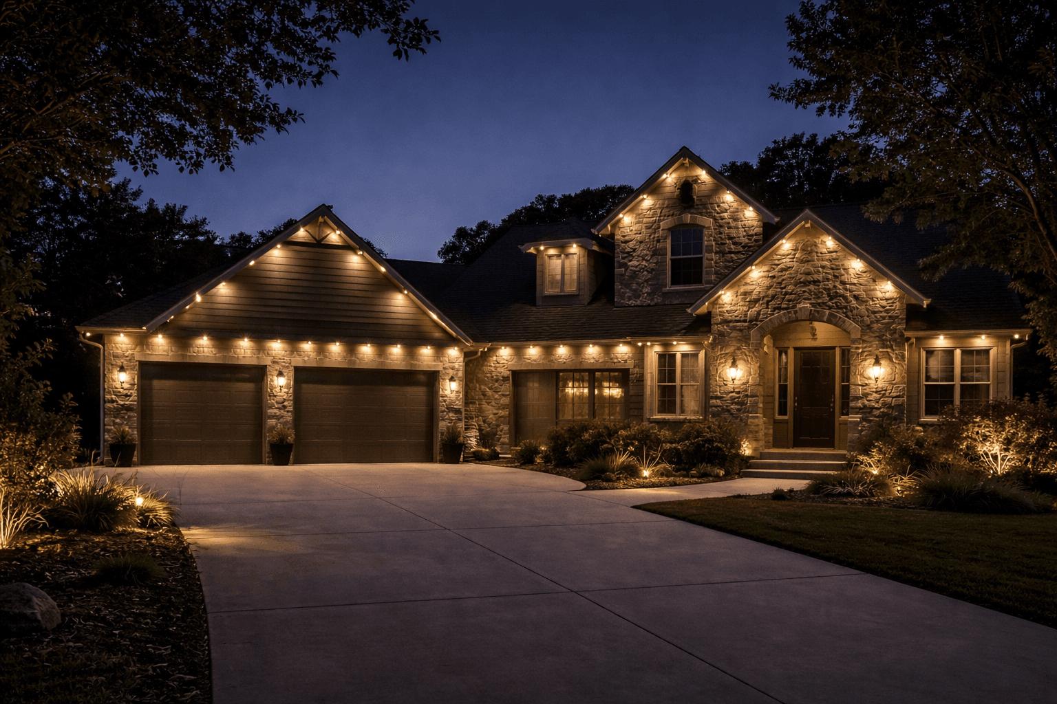 Design visualization: Stone home with warm accent LED roofline lighting
