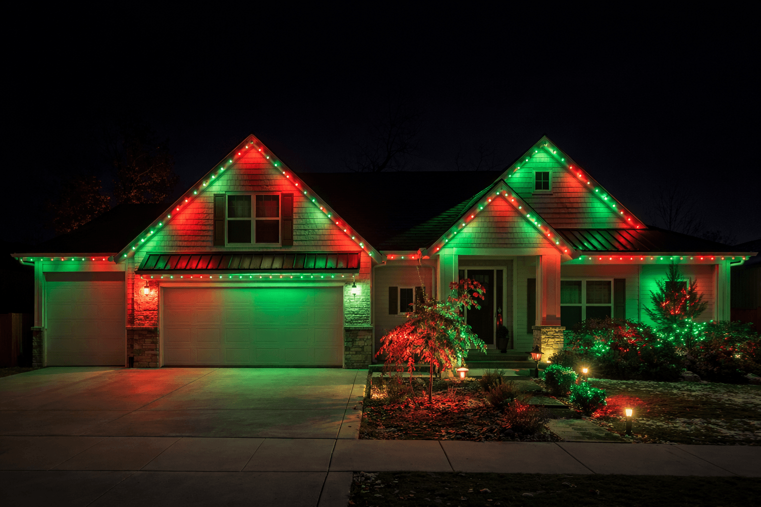 Design visualization: Single story home with minimal red and green holiday lighting