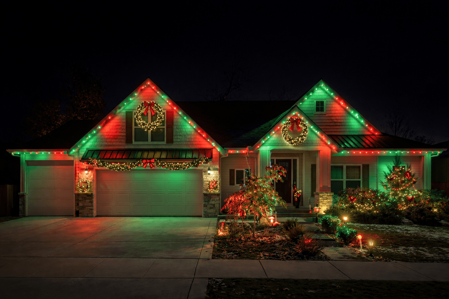 Home with permanent LED lighting displaying festive colors