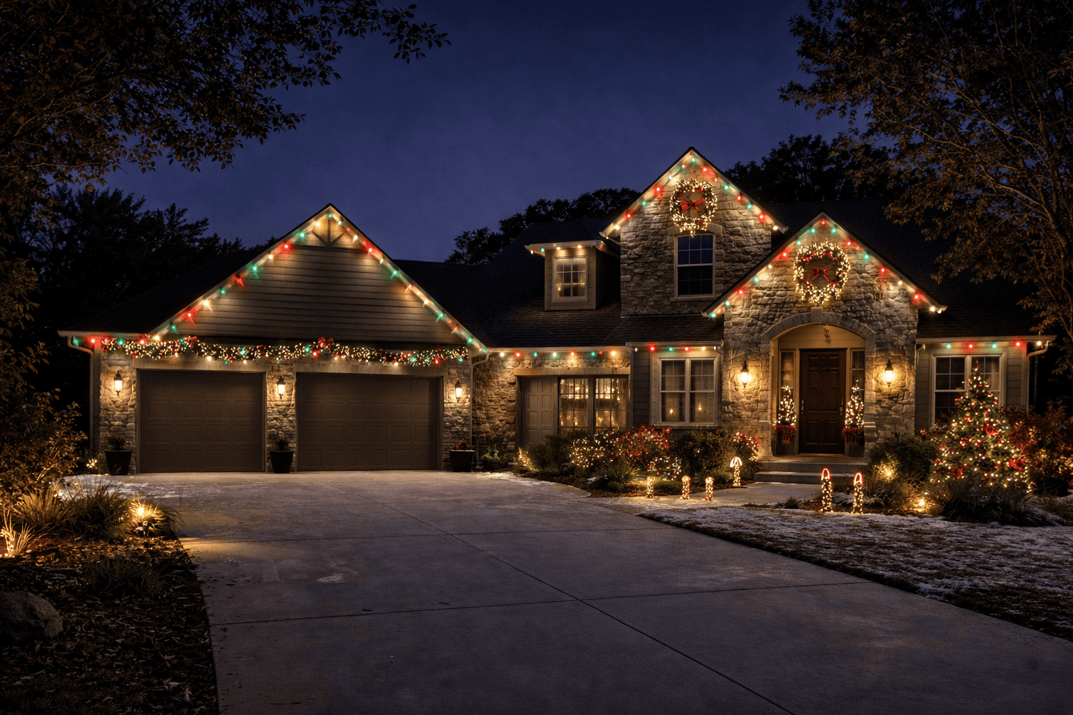 Design visualization: Stone home with red and green Christmas holiday lighting