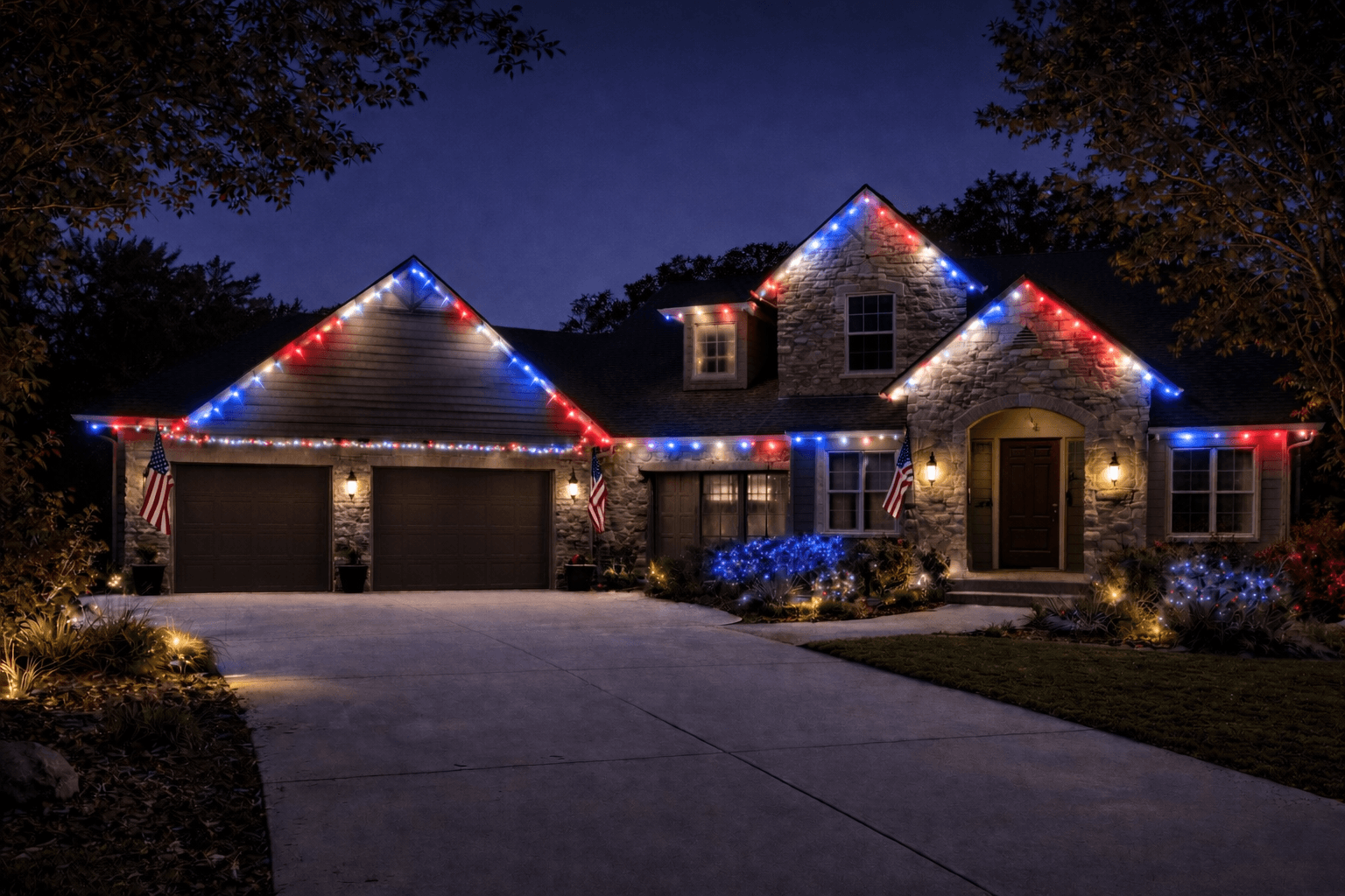 Design visualization: Stone home with patriotic red, white, and blue lighting